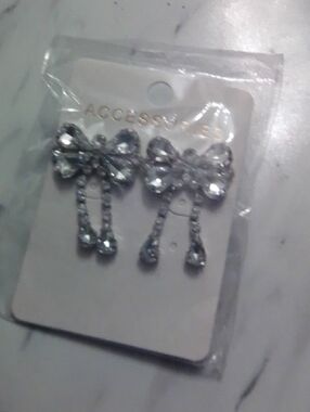 Crystal Bow Drop Earrings - Silver Tone